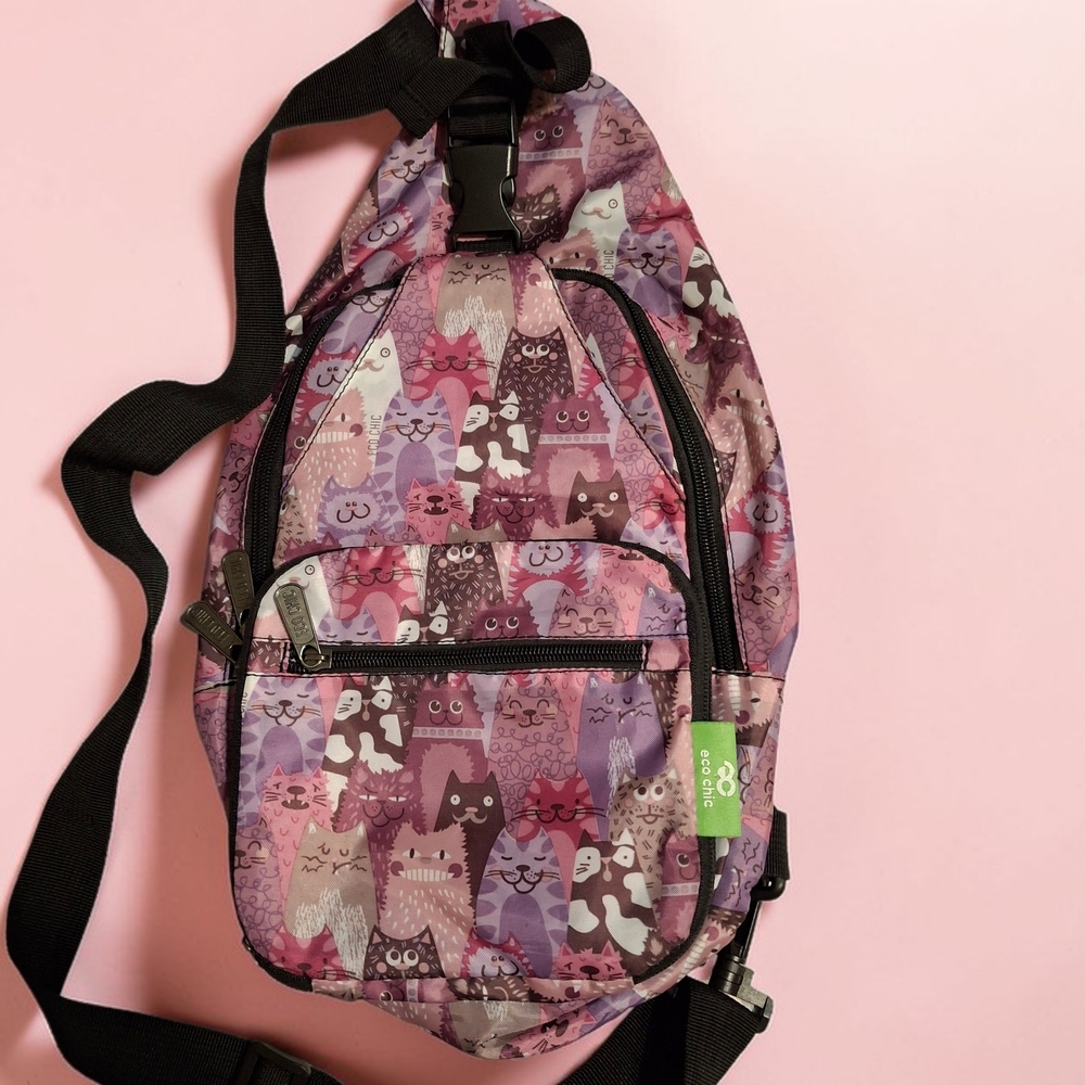 ECO CHIC Cat's Meow Print Lightweight Nylon Crossbody Sling Bag - Pink & Purple